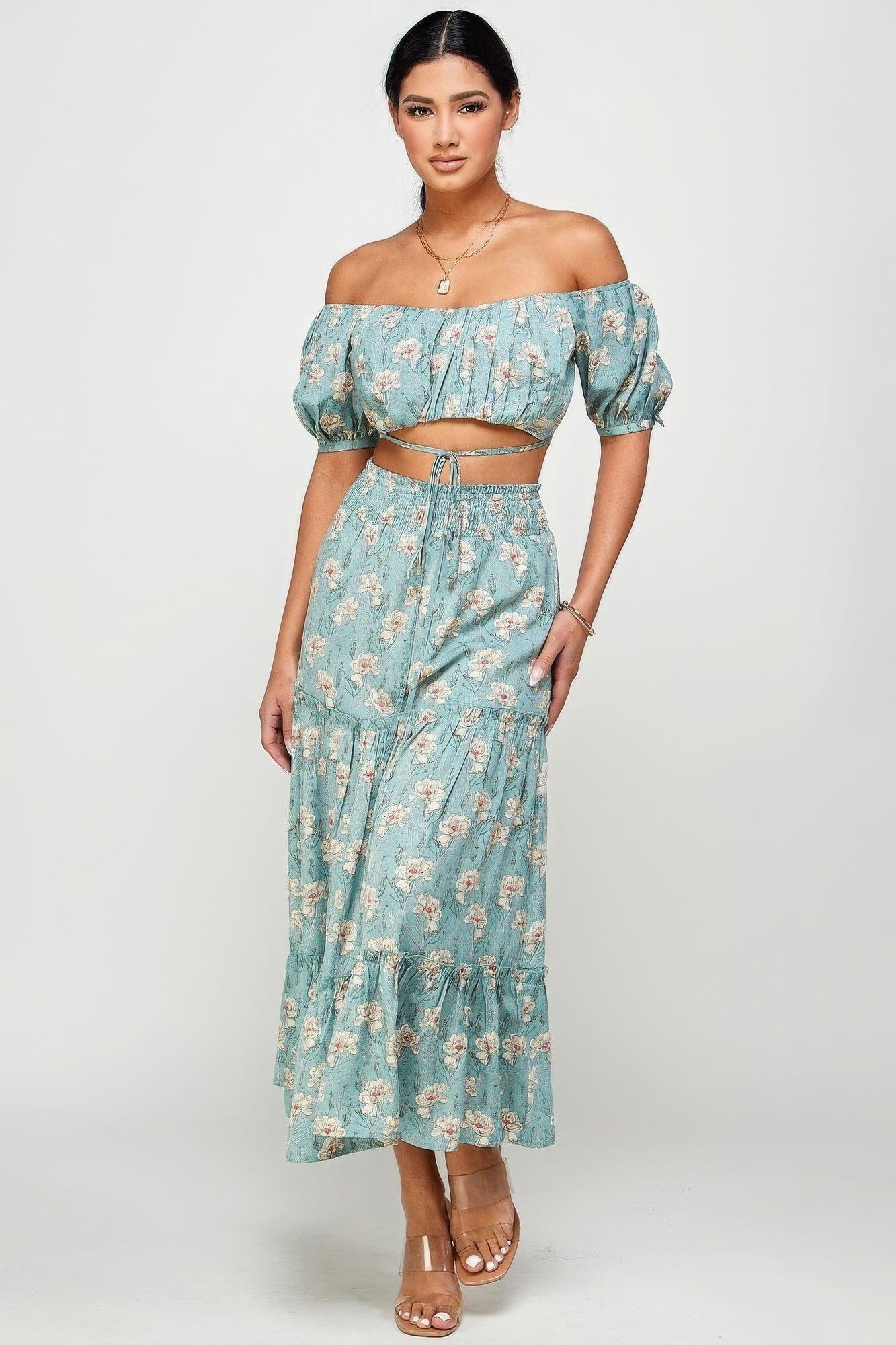 Floral Off Shoulder Sleeve Back Tie Top Skirt Set | Mixtshop LLC
