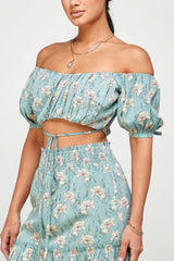Floral Off Shoulder Sleeve Back Tie Top Skirt Set | Mixtshop LLC