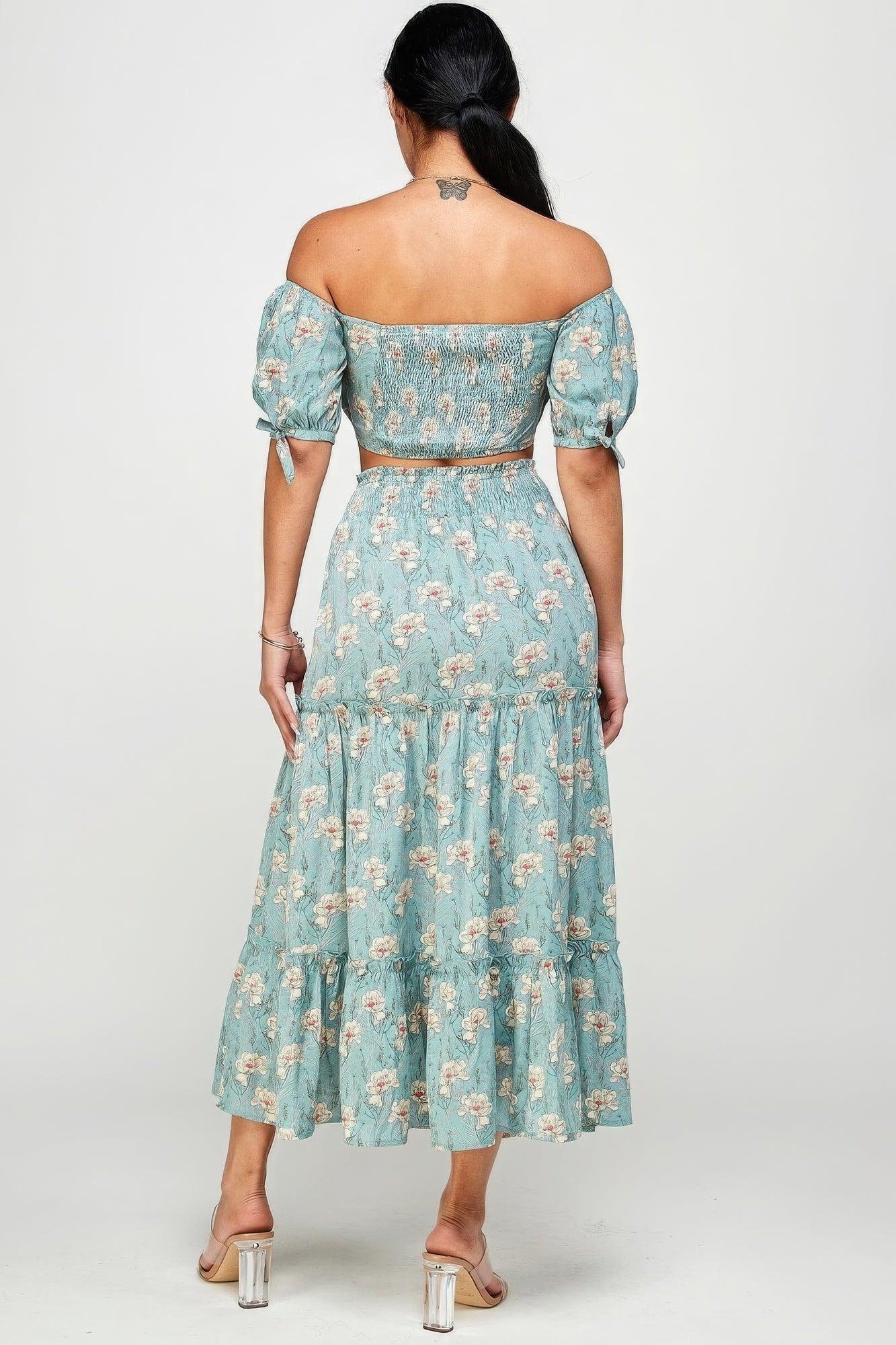 Floral Off Shoulder Sleeve Back Tie Top Skirt Set | Mixtshop LLC