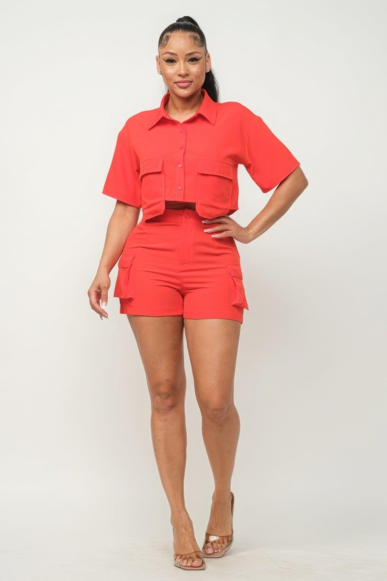 Front Button Down Side Pockets Top And Shorts Set | Mixtshop LLC