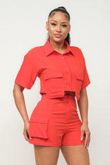 Front Button Down Side Pockets Top And Shorts Set | Mixtshop LLC