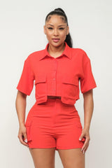 Front Button Down Side Pockets Top And Shorts Set | Mixtshop LLC