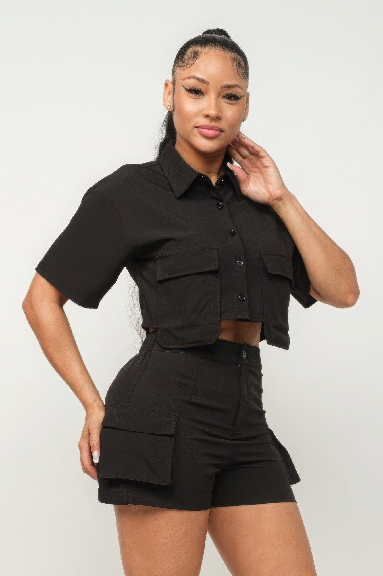 Front Button Down Side Pockets Top And Shorts Set | Mixtshop LLC