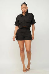 Front Button Down Side Pockets Top And Shorts Set | Mixtshop LLC