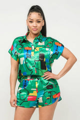 Satin Dolman Print Button Down Top And Shorts Set | Mixtshop LLC