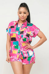 Satin Dolman Print Button Down Top And Shorts Set | Mixtshop LLC