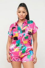 Satin Dolman Print Button Down Top And Shorts Set | Mixtshop LLC