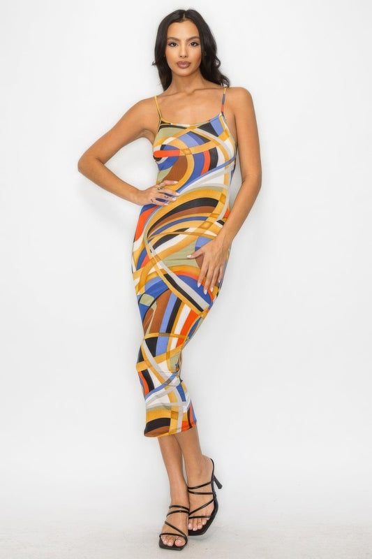 Crossed Back Marble Print Multicolor Midi Dress | Mixtshop LLC
