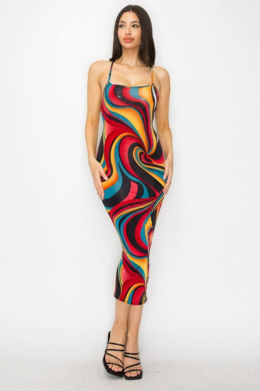 Crossed Back Marble Print Multicolor Midi Dress | Mixtshop LLC