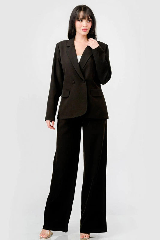 Luxe Stretch Woven Loose Fit Blazer And Wide Legs Pants Semi Formal Set | Mixtshop LLC