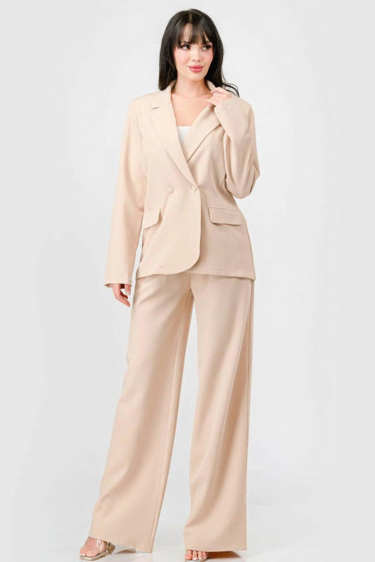 Luxe Stretch Woven Loose Fit Blazer And Wide Legs Pants Semi Formal Set | Mixtshop LLC