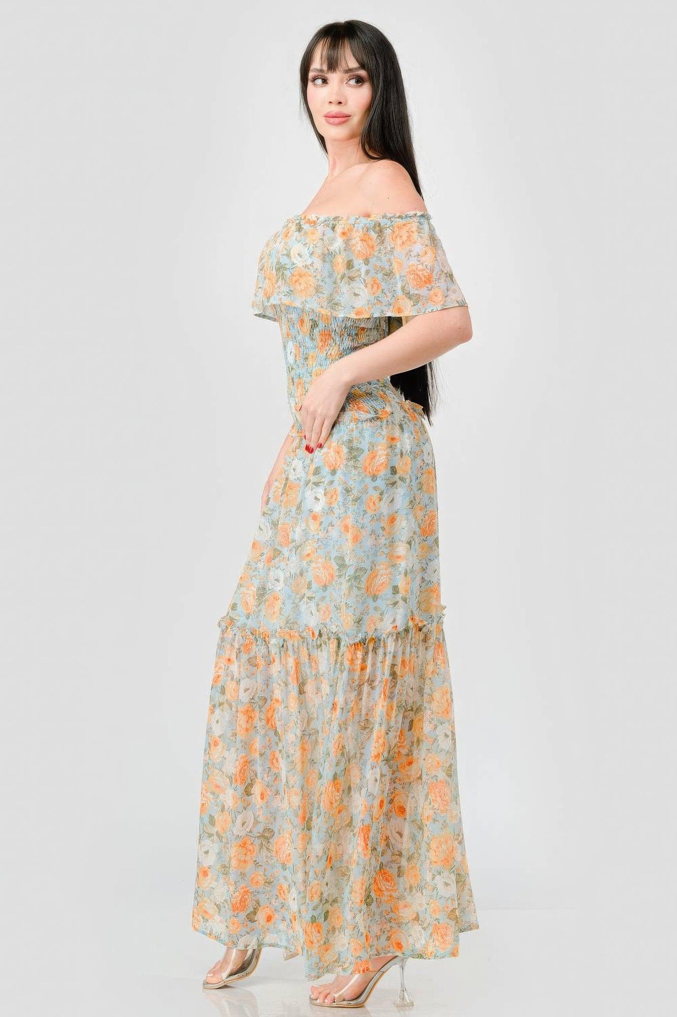 Floral Chiffon Off Shoulder Smocked Back Ruffled Tiered Maxi Dress | Mixtshop LLC
