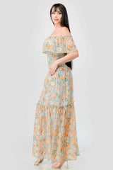 Floral Chiffon Off Shoulder Smocked Back Ruffled Tiered Maxi Dress | Mixtshop LLC