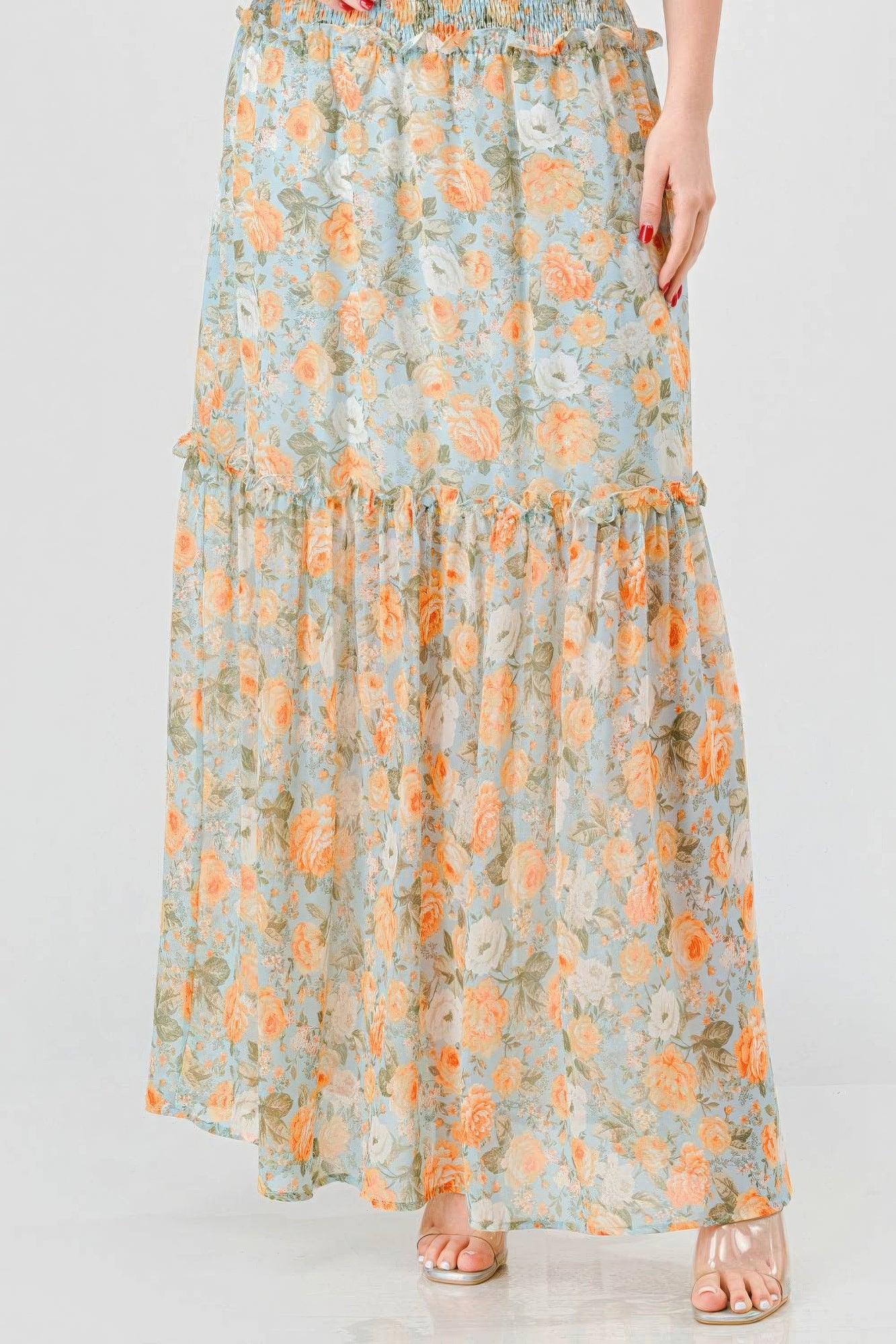 Floral Chiffon Off Shoulder Smocked Back Ruffled Tiered Maxi Dress | Mixtshop LLC
