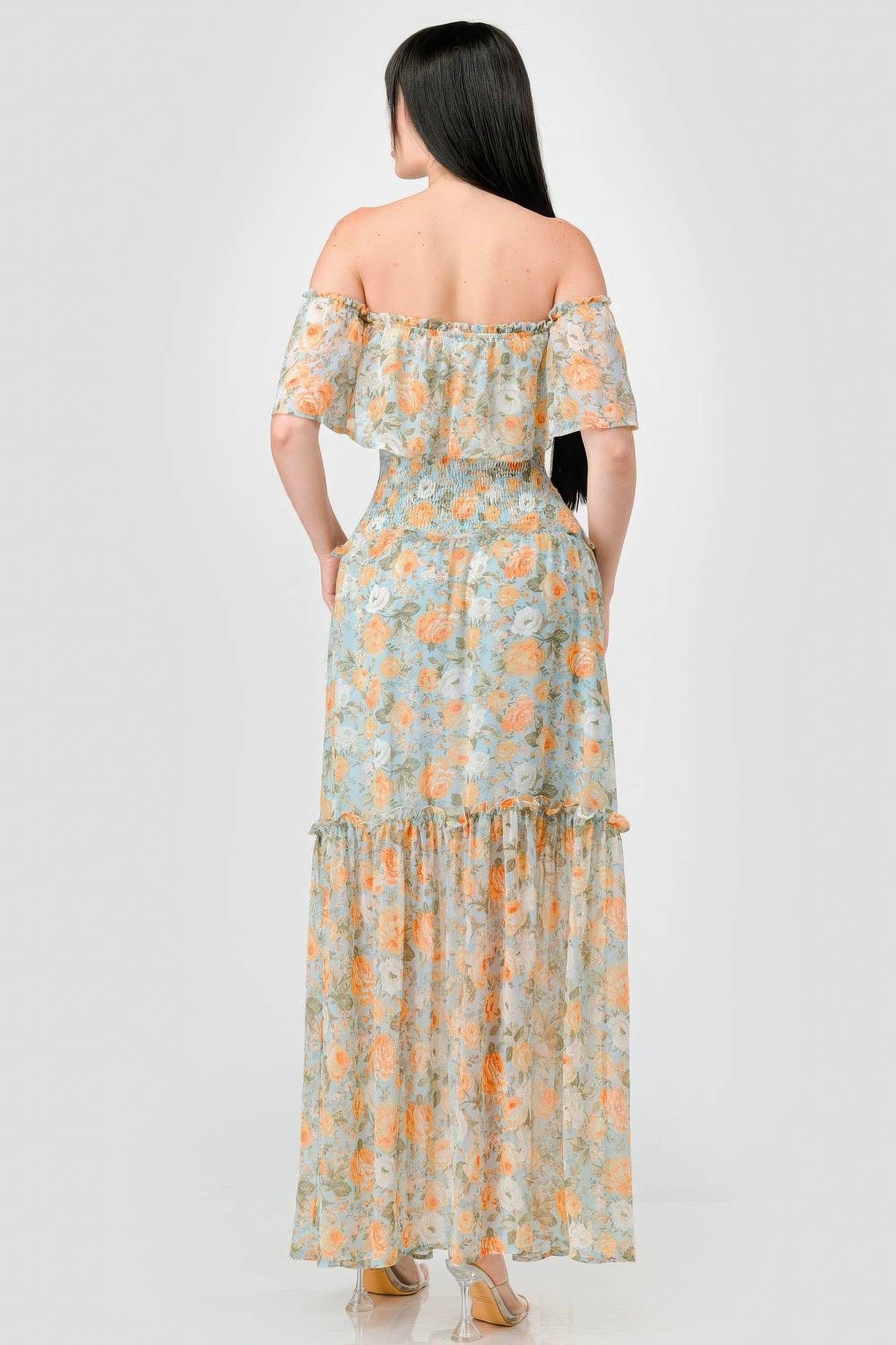 Floral Chiffon Off Shoulder Smocked Back Ruffled Tiered Maxi Dress | Mixtshop LLC