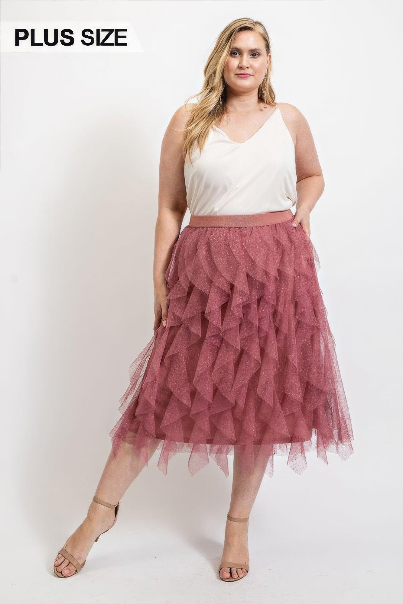 Ruffled Tulle Midi Skirt With Elastic Waist Band | Mixtshop LLC