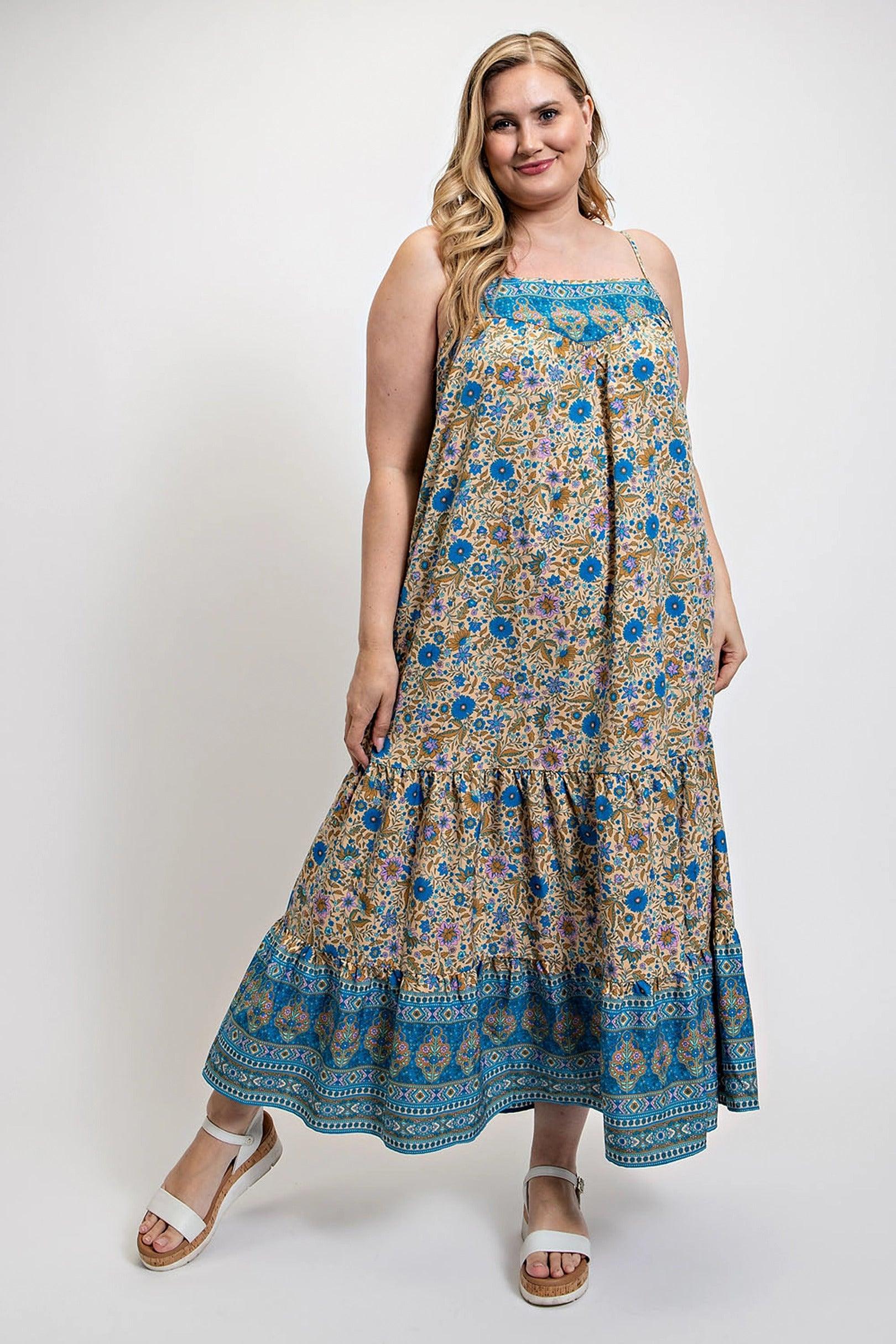 Floral And Aztec Print Drop Down Maxi Dress With Spaghetti Strap | Mixtshop LLC