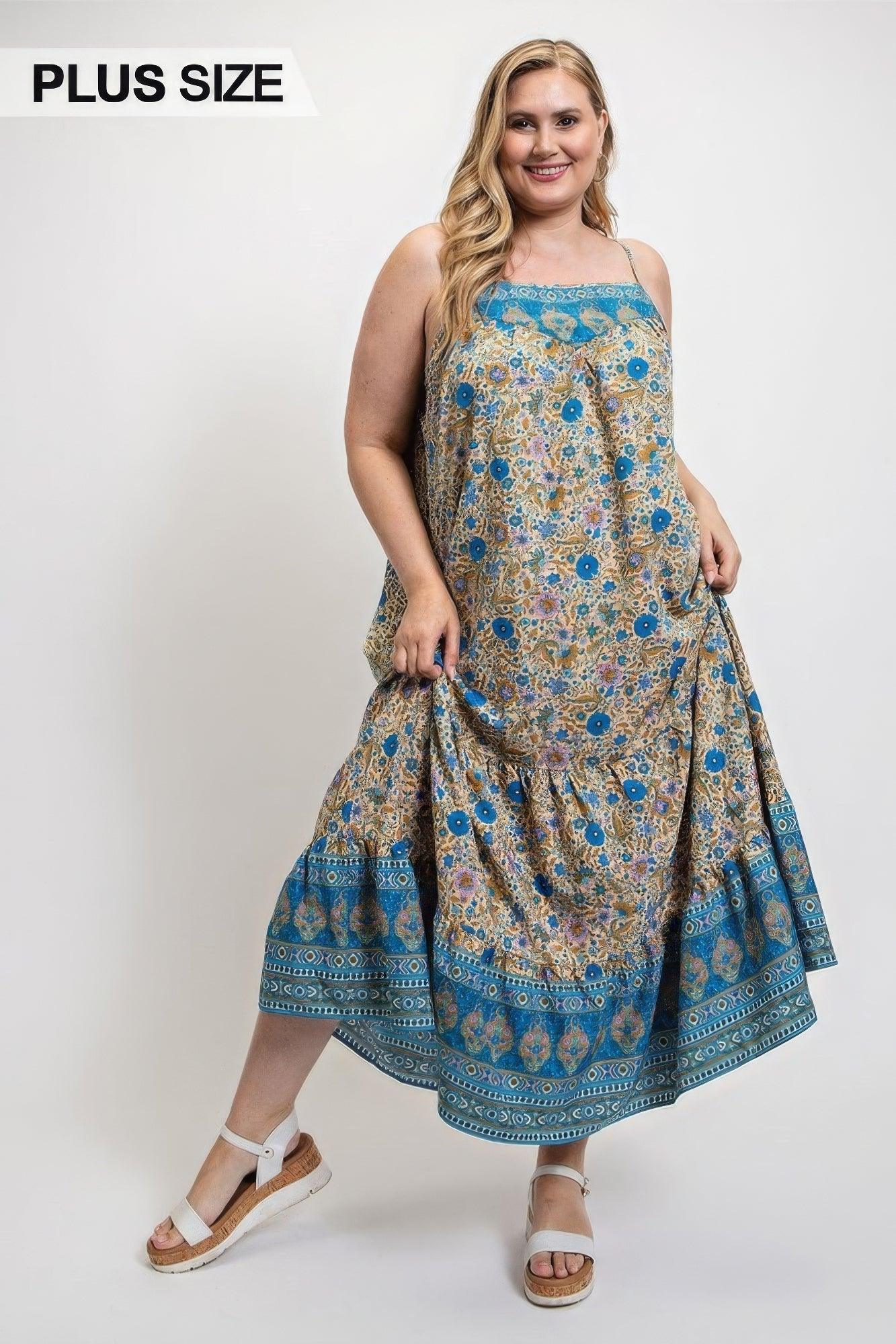 Floral And Aztec Print Drop Down Maxi Dress With Spaghetti Strap | Mixtshop LLC