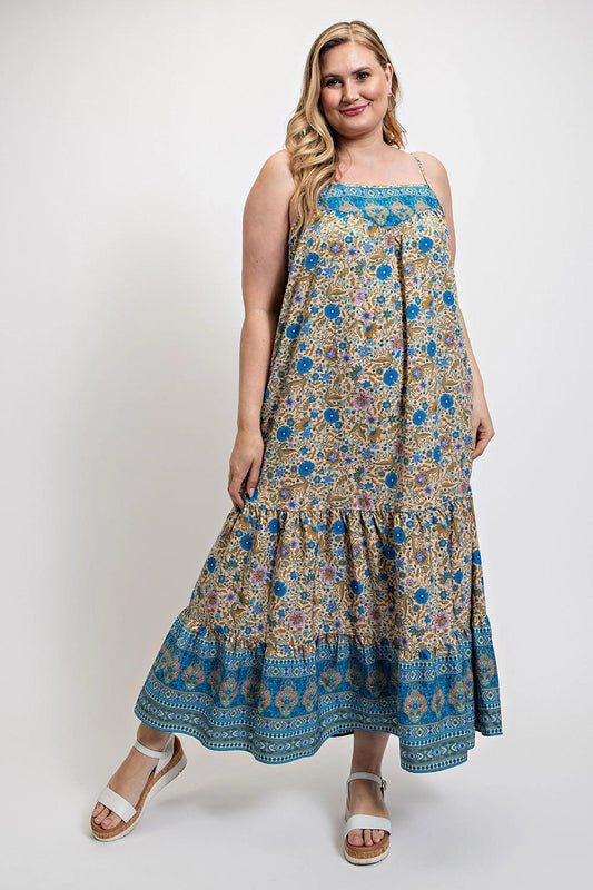 Floral And Aztec Print Drop Down Maxi Dress With Spaghetti Strap | Mixtshop LLC
