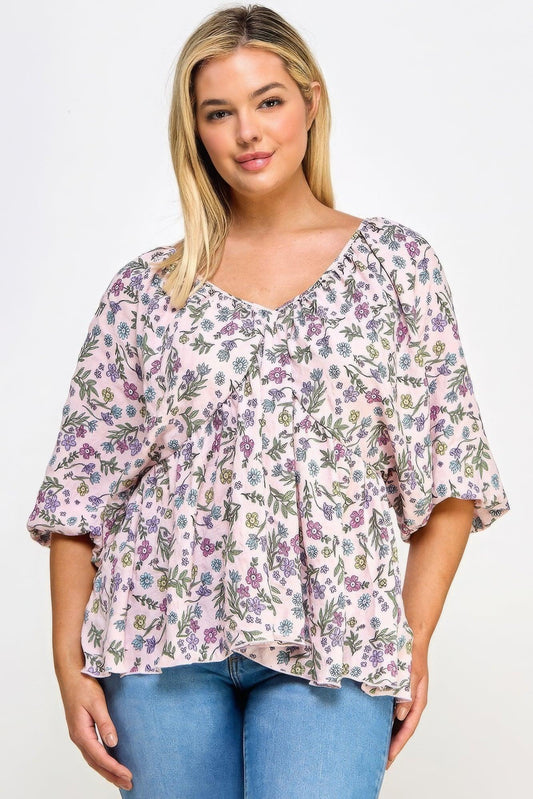 Floral V-neck Babydoll Balloon Slv Top | Mixtshop LLC