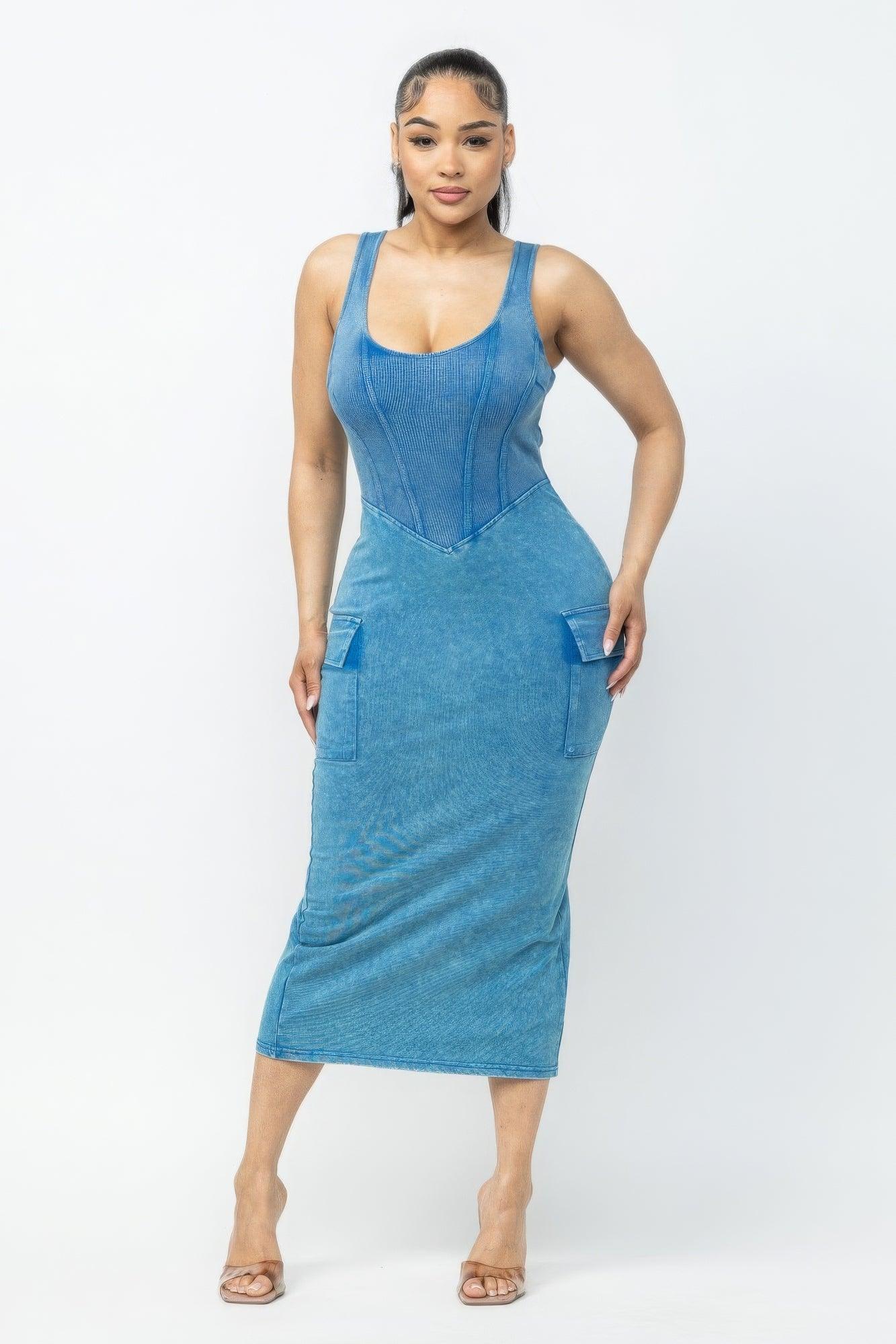 Acid Washed Cargo Midi Dress | Mixtshop LLC