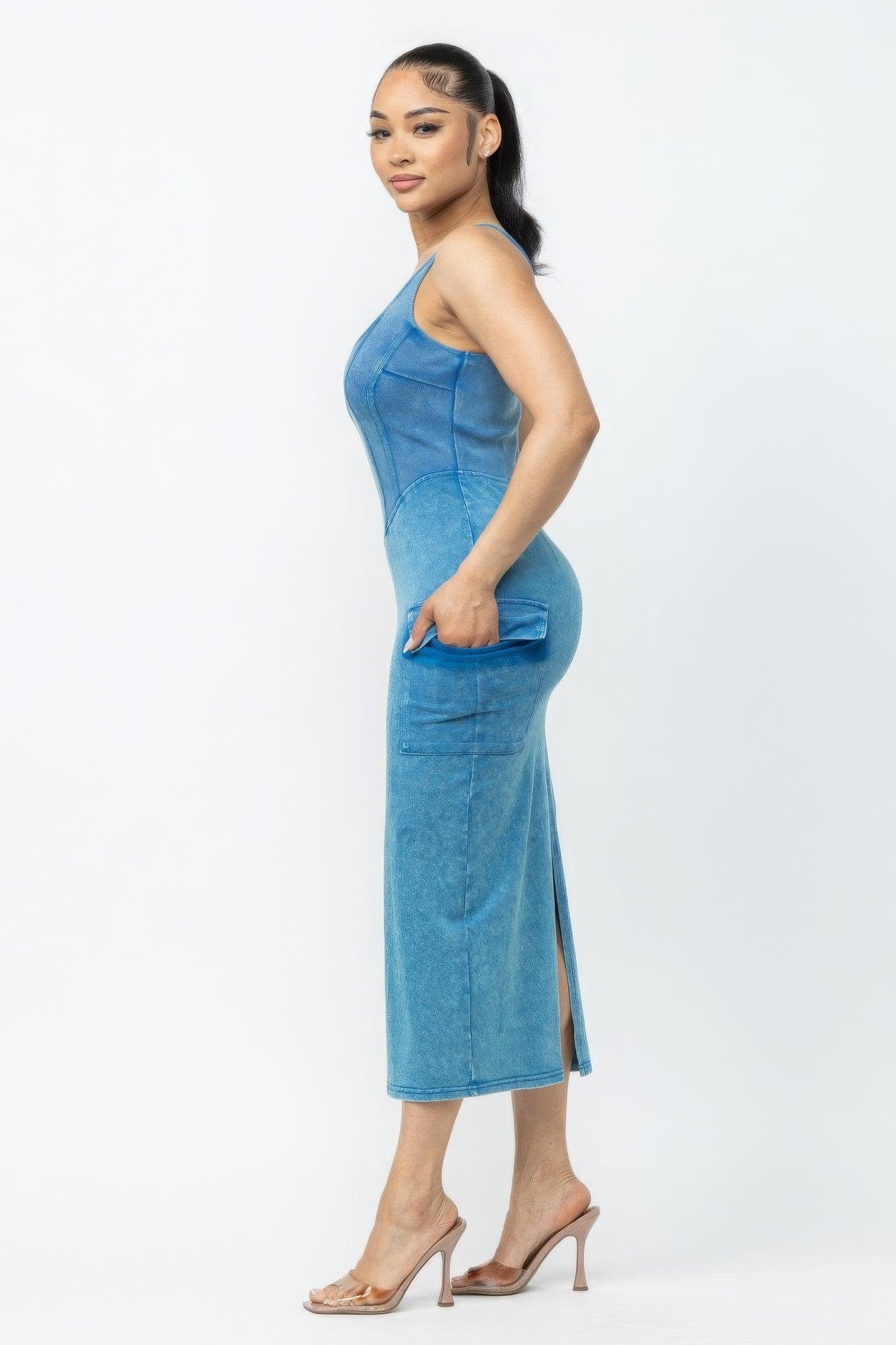 Acid Washed Cargo Midi Dress | Mixtshop LLC