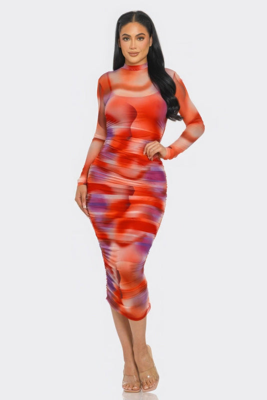 Summer Heat Print Mesh Ruched Midi Dress | Mixtshop LLC