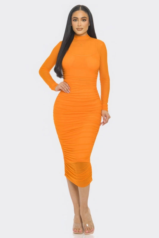 Solid Mesh Ruched Midi Dress | Mixtshop LLC