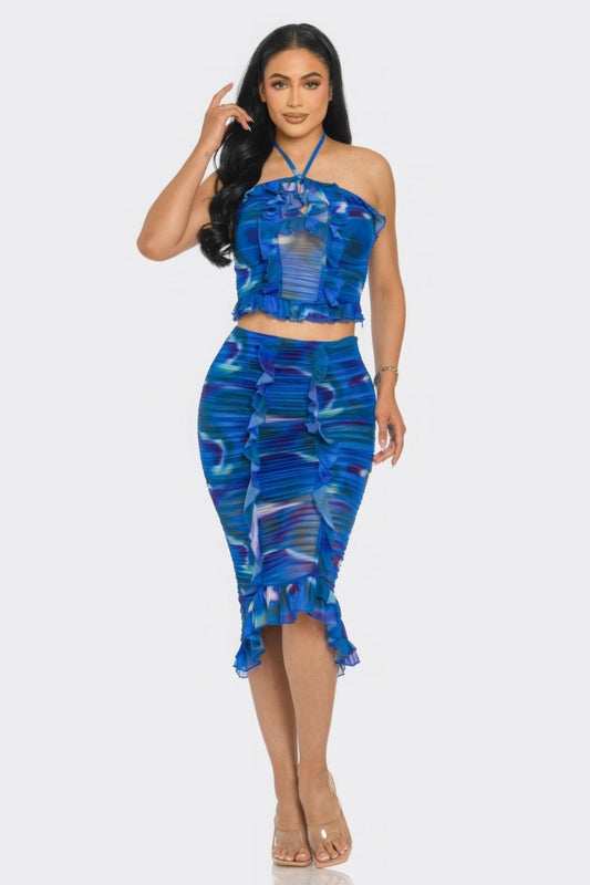 Tropical Waters Print Mesh Ruffle Halter Skirt Set | Mixtshop LLC