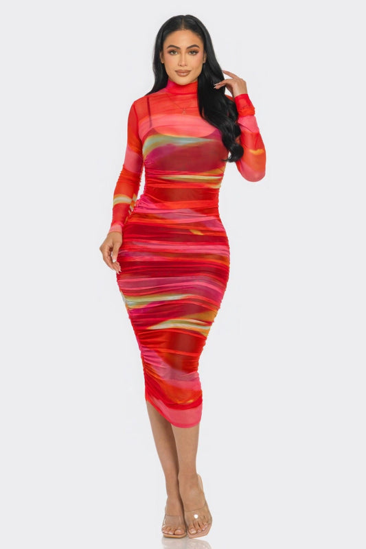 Glitch Print Mesh Ruched Midi Dress | Mixtshop LLC