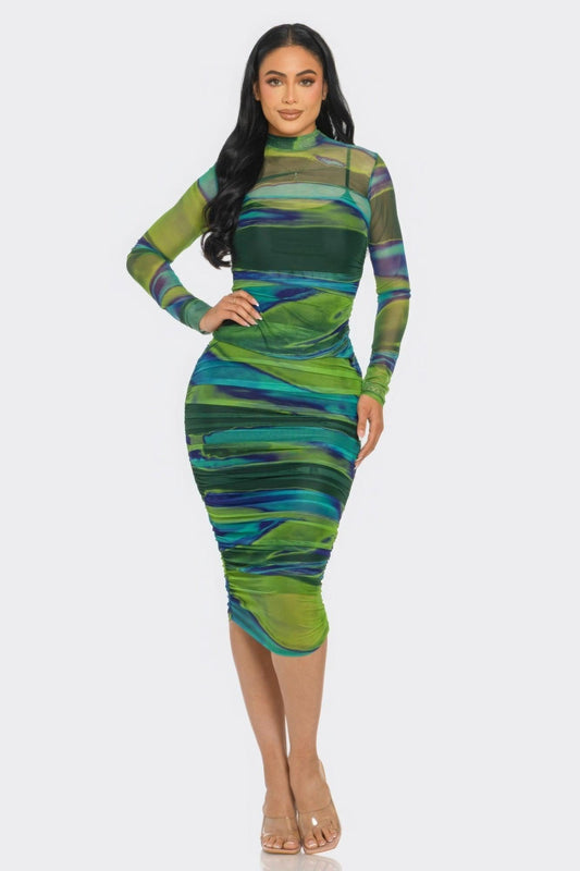 Glitch Print Mesh Ruched Midi Dress | Mixtshop LLC