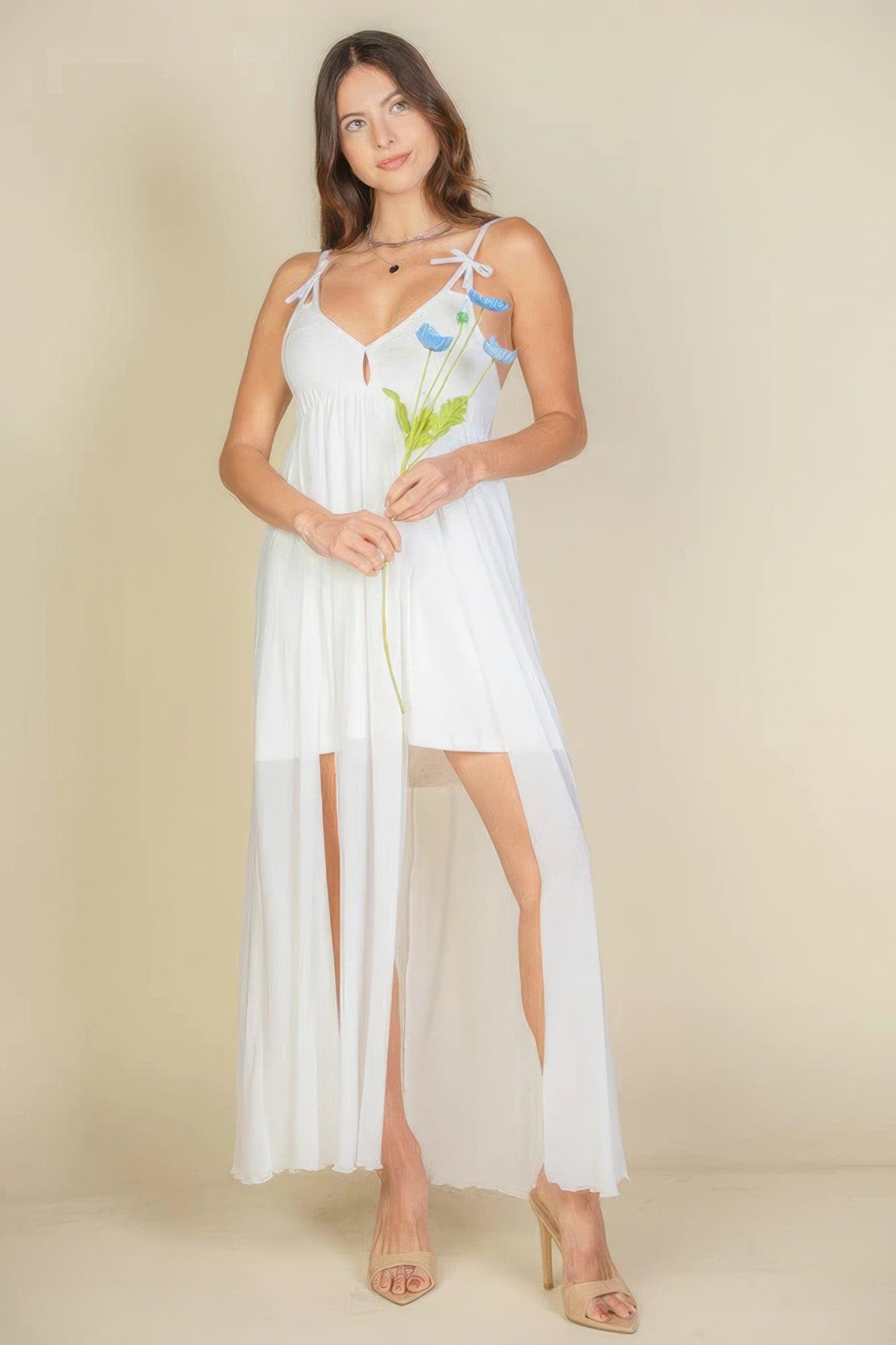 Plunge Neck Split Thigh Mesh Maxi Dress | Mixtshop LLC