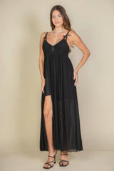 Plunge Neck Split Thigh Mesh Maxi Dress | Mixtshop LLC