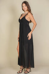 Plunge Neck Split Thigh Mesh Maxi Dress | Mixtshop LLC