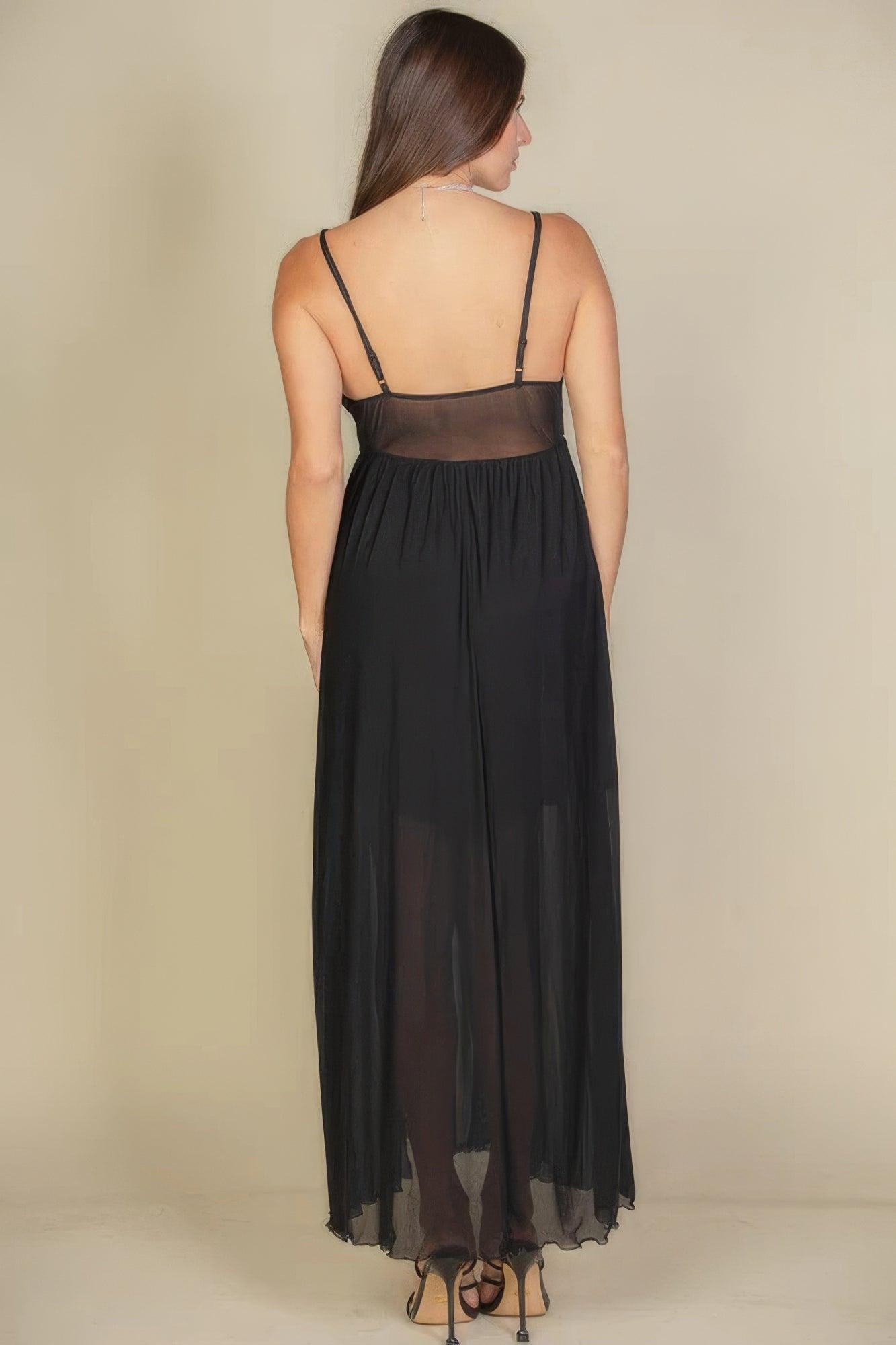 Plunge Neck Split Thigh Mesh Maxi Dress | Mixtshop LLC