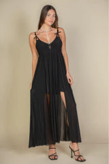 Plunge Neck Split Thigh Mesh Maxi Dress | Mixtshop LLC