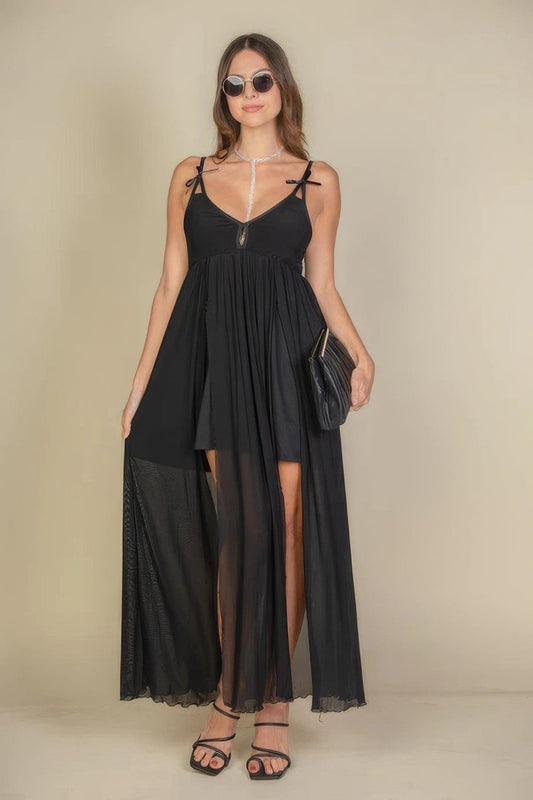 Plunge Neck Split Thigh Mesh Maxi Dress | Mixtshop LLC