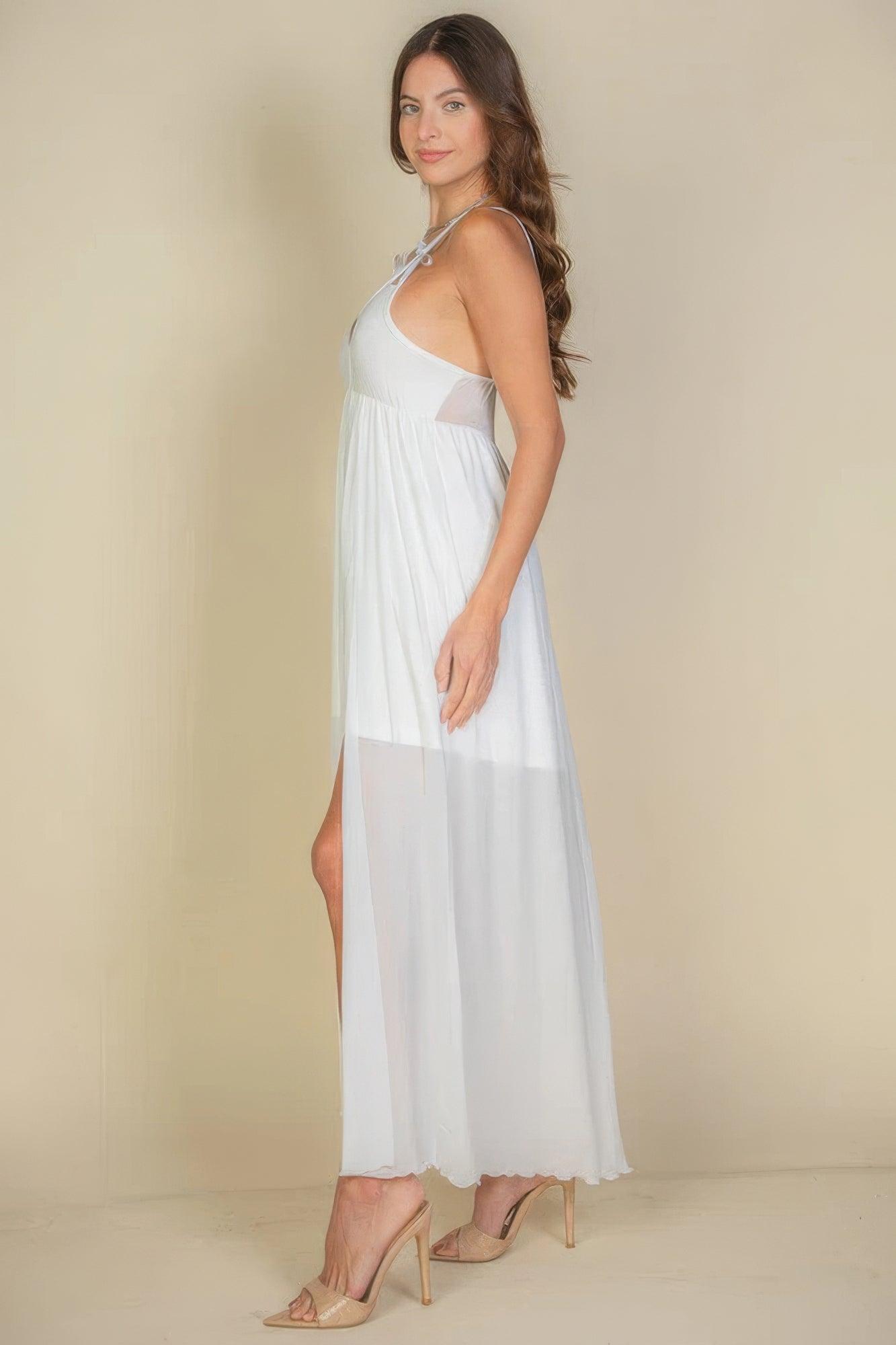 Plunge Neck Split Thigh Mesh Maxi Dress | Mixtshop LLC