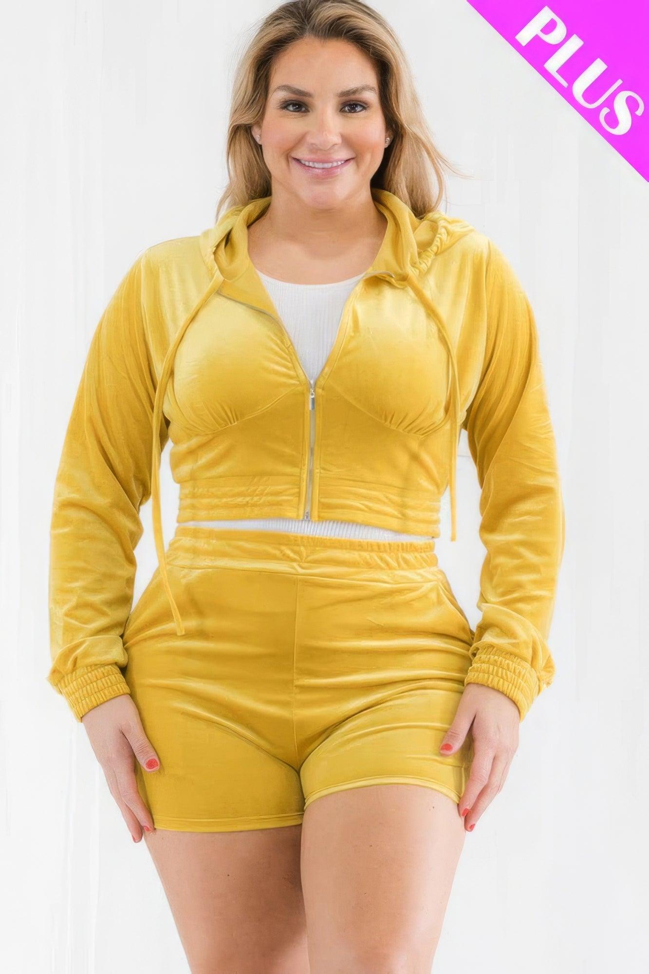 Plus Size Velour Crop Zip Up Hoodie And Shorts Set | Mixtshop LLC