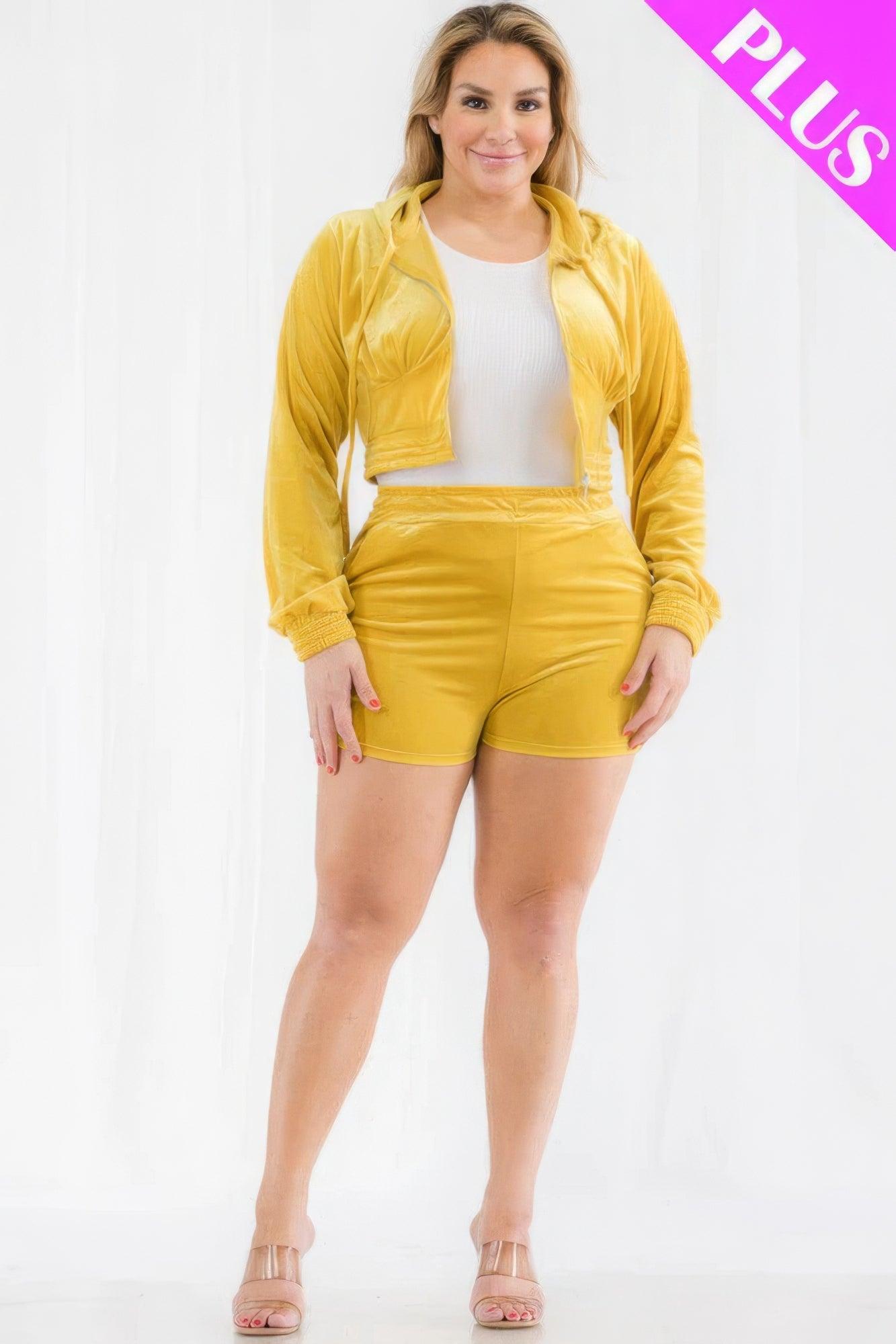 Plus Size Velour Crop Zip Up Hoodie And Shorts Set | Mixtshop LLC