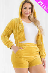 Plus Size Velour Crop Zip Up Hoodie And Shorts Set | Mixtshop LLC
