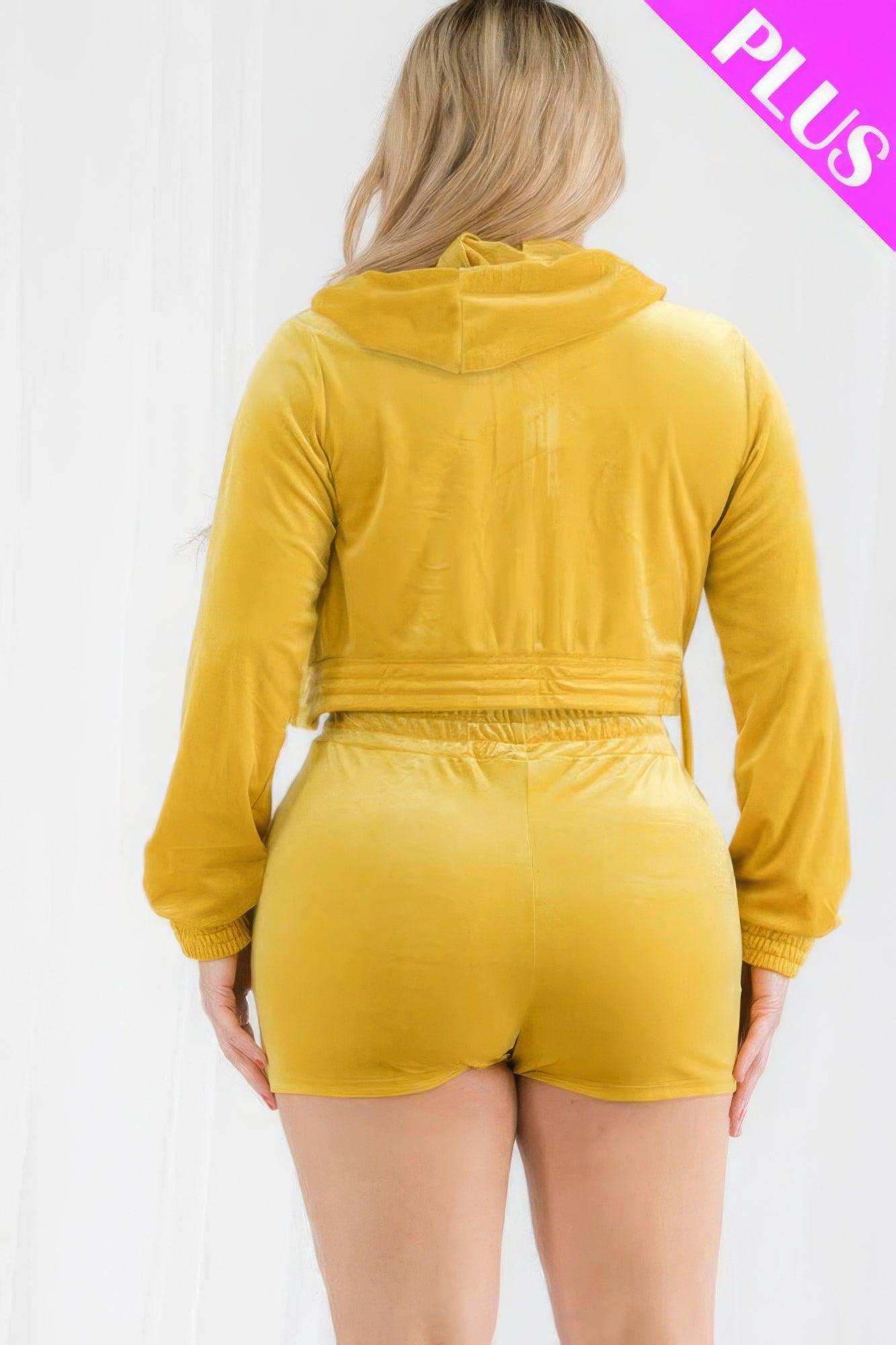 Plus Size Velour Crop Zip Up Hoodie And Shorts Set | Mixtshop LLC