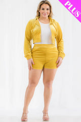 Plus Size Velour Crop Zip Up Hoodie And Shorts Set | Mixtshop LLC