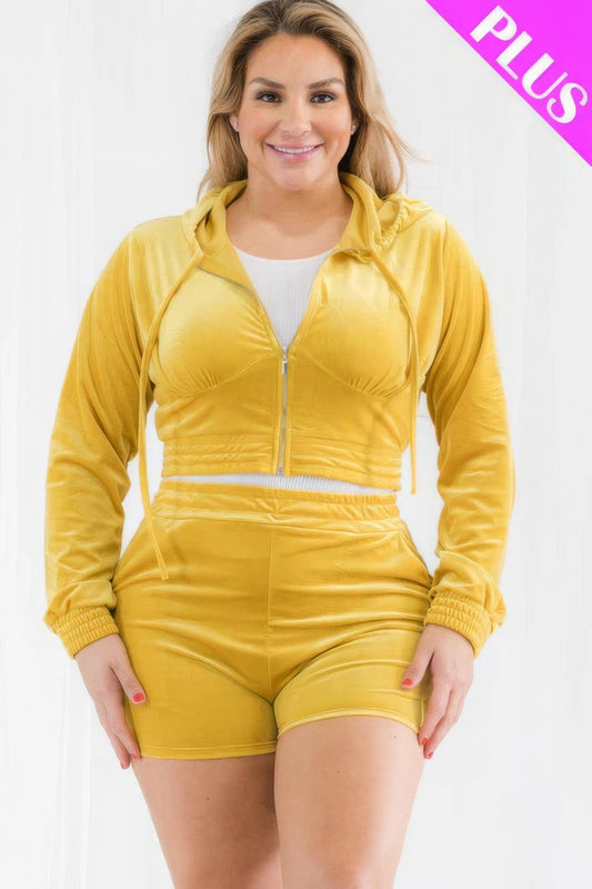 Plus Size Velour Crop Zip Up Hoodie And Shorts Set | Mixtshop LLC