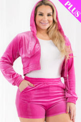 Plus Size Velour Crop Zip Up Hoodie And Shorts Set | Mixtshop LLC