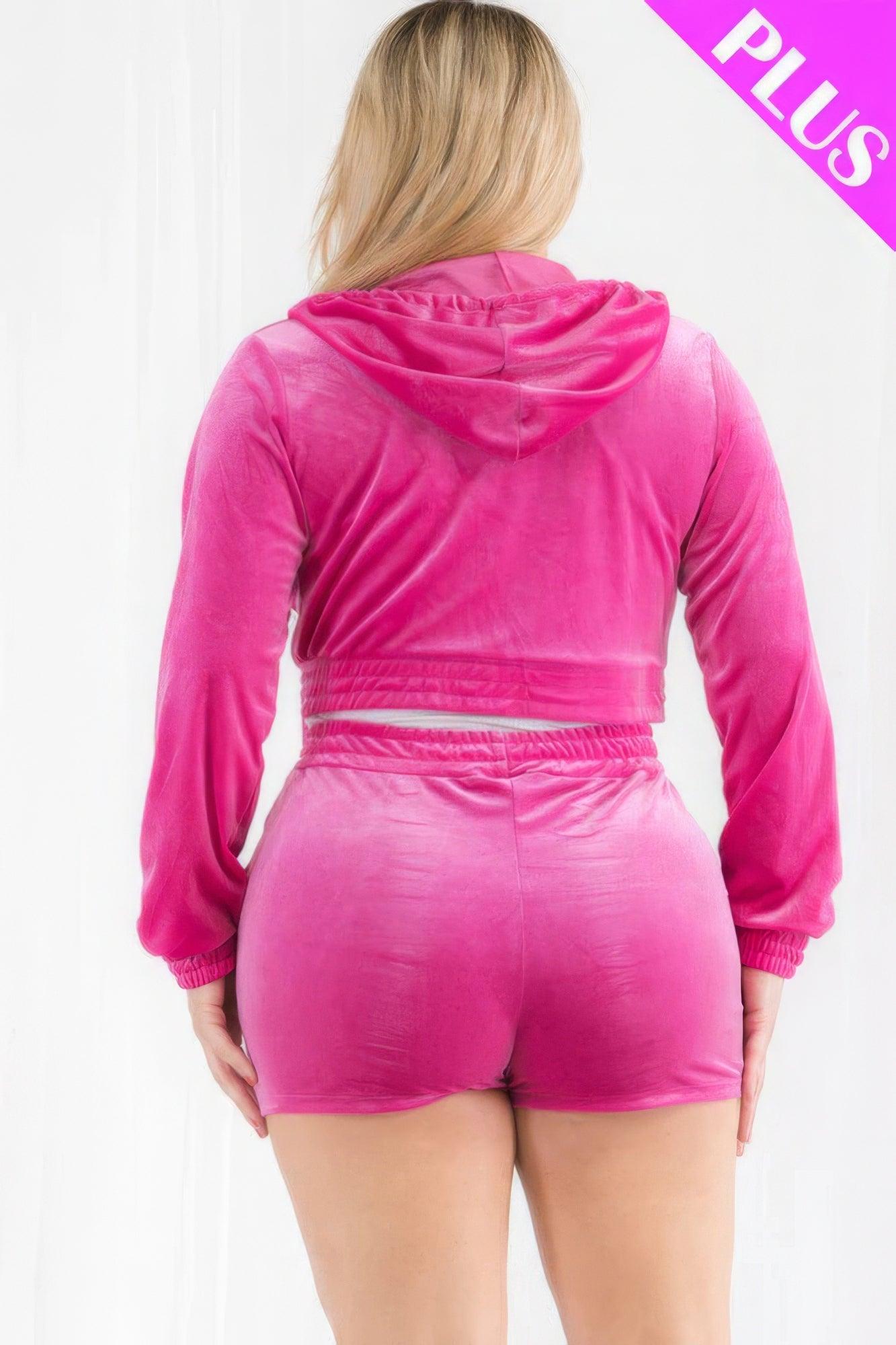 Plus Size Velour Crop Zip Up Hoodie And Shorts Set | Mixtshop LLC