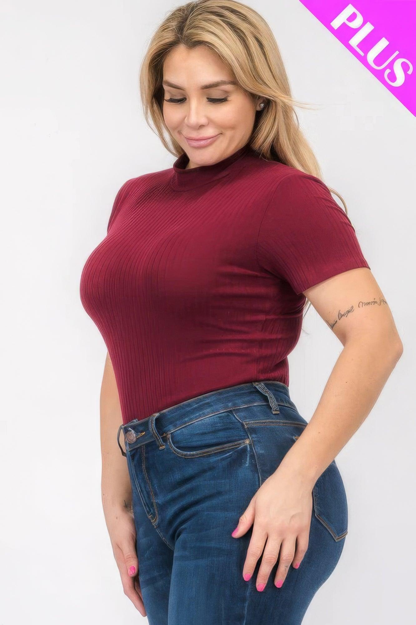 Plus Size Ribbed Short Sleeve Bodysuit | Mixtshop LLC
