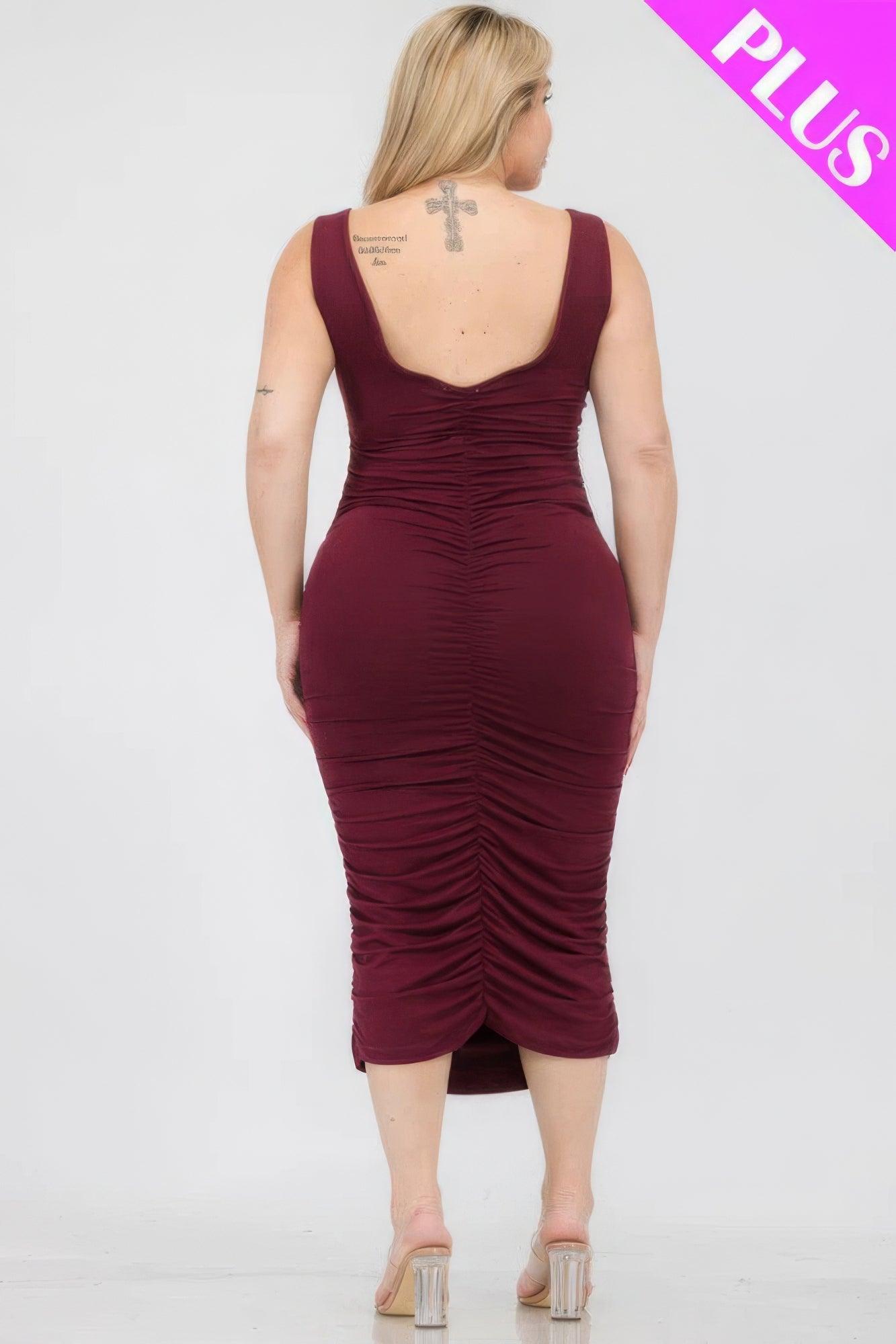 Plus Size Square Neck Ruched Bodycon Midi Dress | Mixtshop LLC