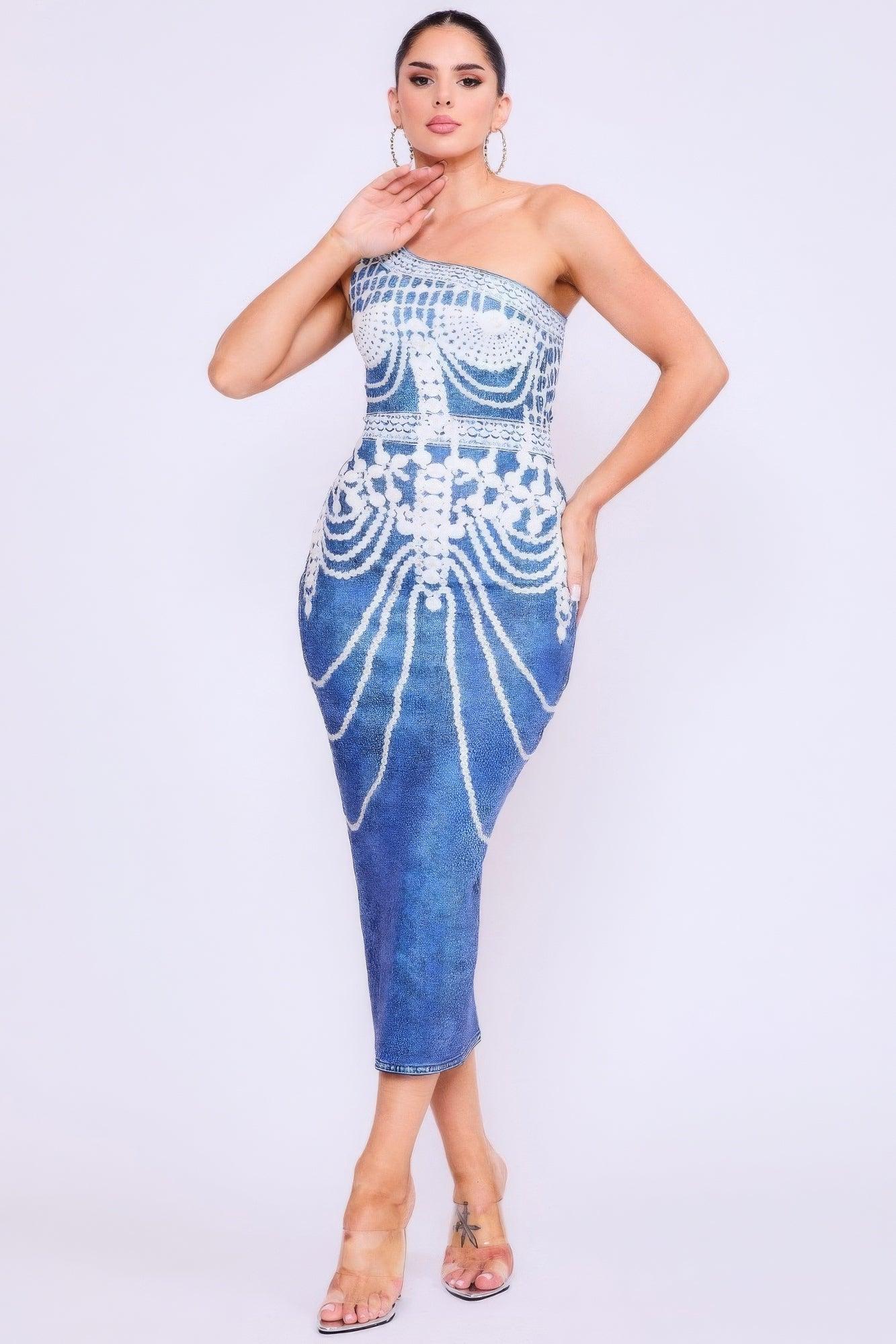 One Shoulder Denim Print Dress | Mixtshop LLC