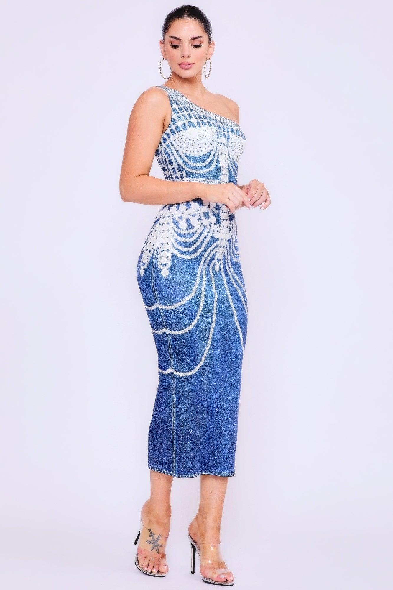 One Shoulder Denim Print Dress | Mixtshop LLC